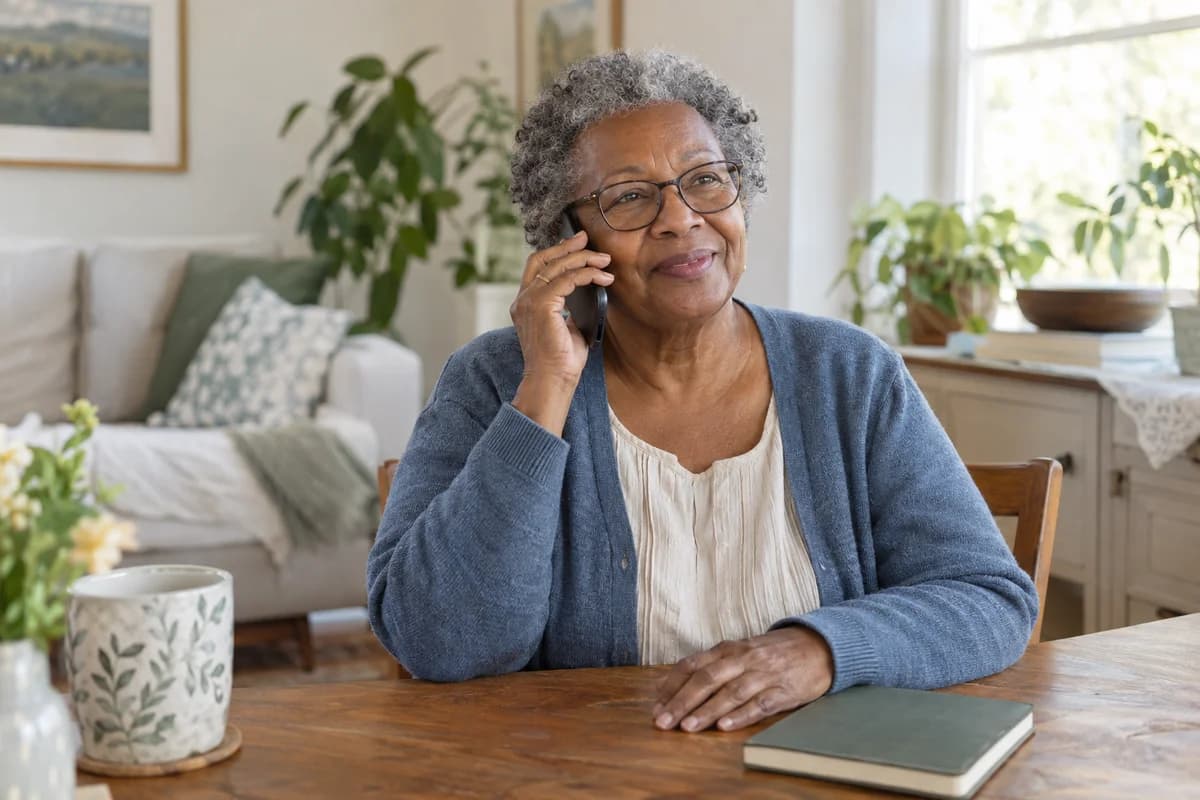 An older woman smiling while talking on the phone at her kitchen table.
